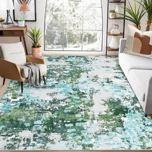 【GARVEE】Large Area Rug 9x12 Abstract Entryway Rug Non-Slip Throw Bedroom Rug Low-Plie Office Dining Room Rug Distressed Floor Carpet for Laundry, Green/Grey