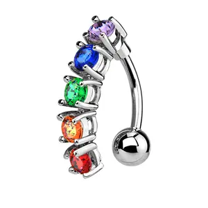 Rainbow Diamond Reverse Belly Ring - Hypoallergenic Surgical Steel, 14 Gauge, 10mm Bar, Vibrant Rainbow Colors, Bold & Colorful Spirit
