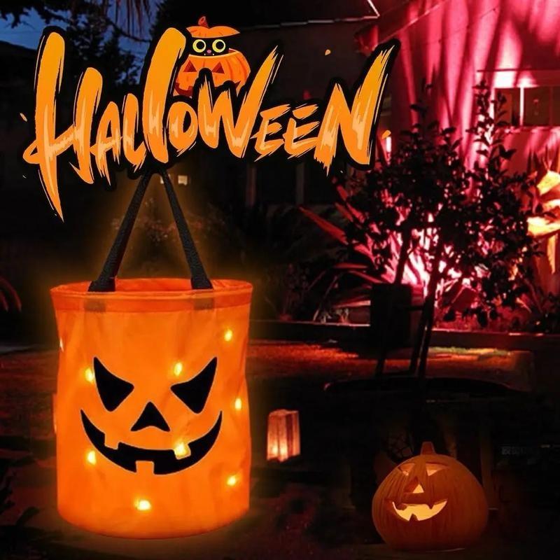 带LED灯的万圣节糖果桶,适合儿童和成人的捣蛋袋,万圣节篮子,可重复使用的夜灯南瓜糖果篮,儿童手提袋派对用品