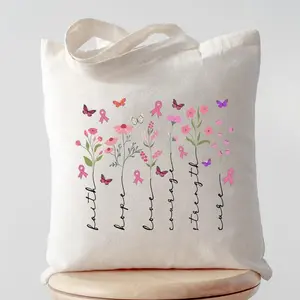 Breast Cancer Awareness Tote Bag, Pink Ribbon Floral Tote, Faith Hope Love Cure Tote Bag, Cancer Support Gift, Survivor Canvas Tote, Inspirational Tote Bag