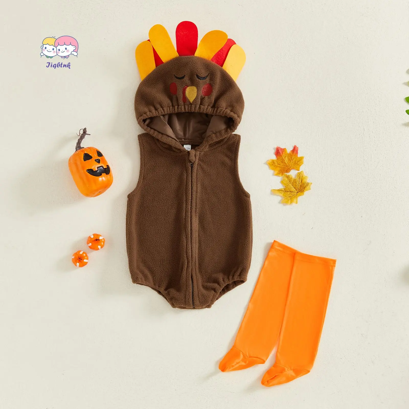 Baby Thanksgiving Turkey Costume, Sleeveless Hooded Romper with Foot Covers Halloween Cosplay Costume