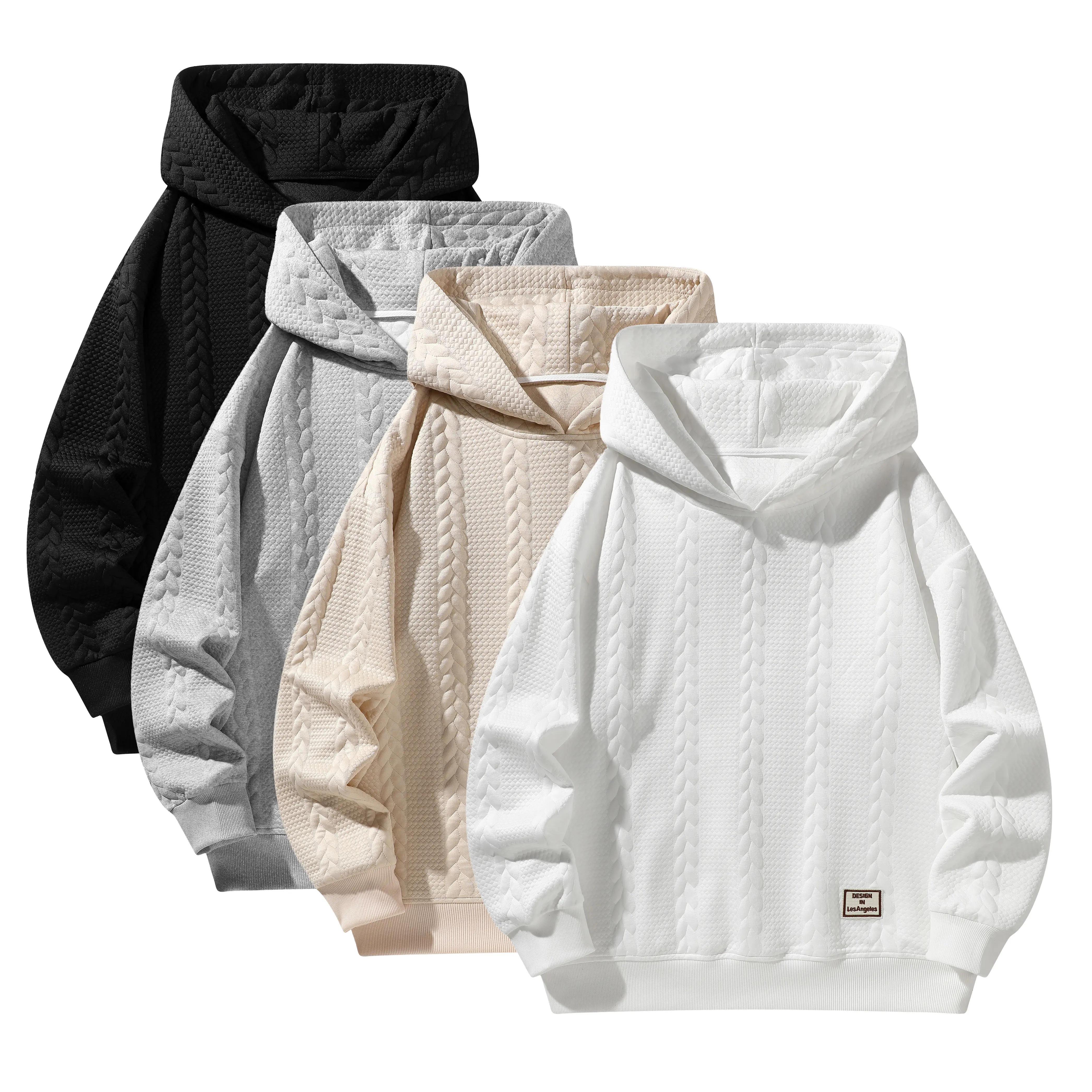 Men’s Stylish Casual Solid-Color Textured Drawstring Hooded Sweatshirt - Autumn-Winter Loose Drop-Shoulder Long-Sleeve Athletic Menswear Tops for Everyday Wear, Long Sleeves, Baggy