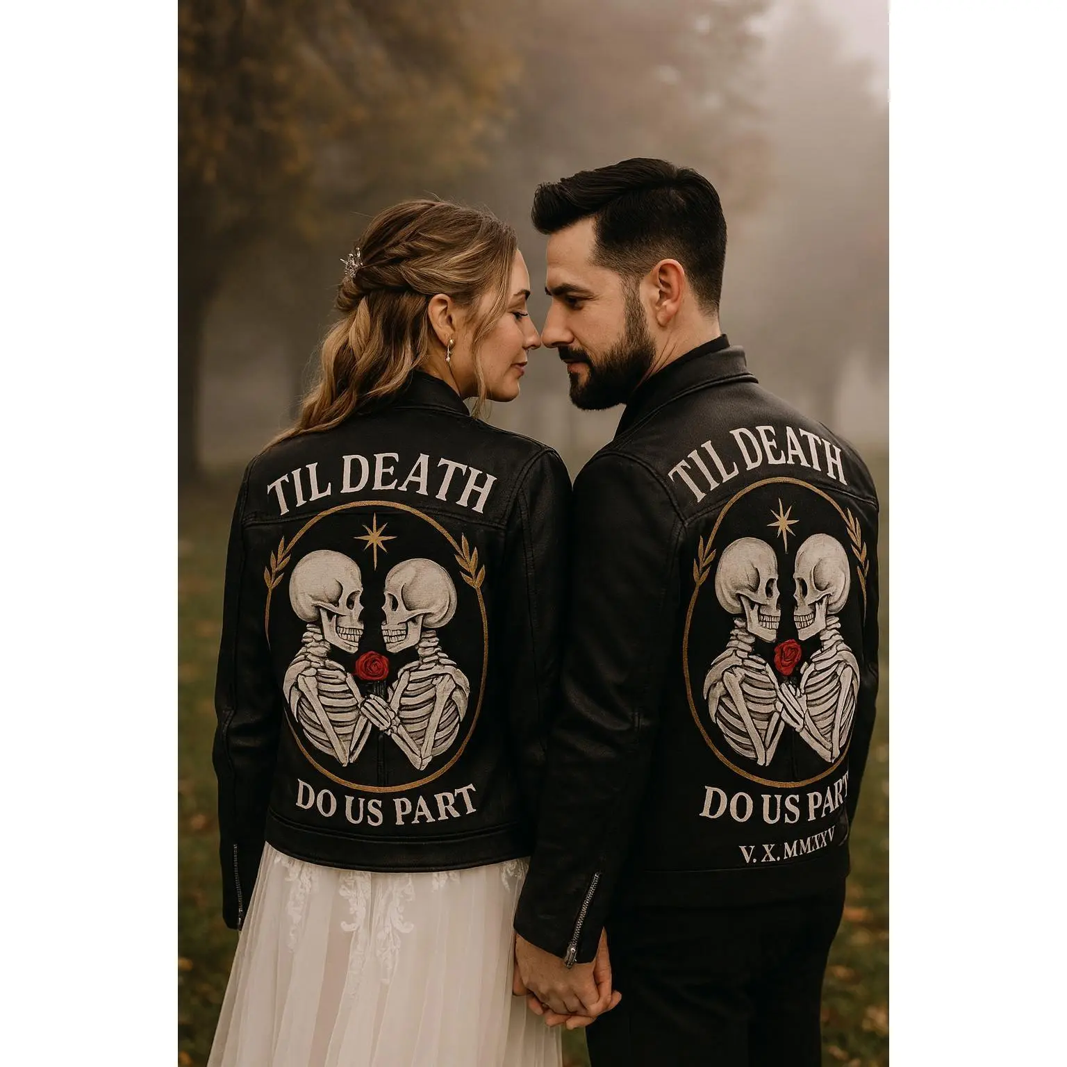 Hand-Painted Vegan Leather Jacket – Gothic Skeleton Couple, Anniversary Gift