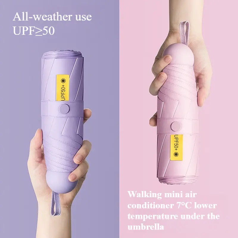 Black Foldable UV Resistant Rubber Compact Sunshade Umbrella - 50% Folding Small and Mini Pocket-Sized Design for Bag Carry, Portable