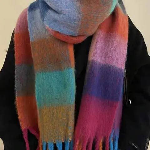 Colorful Plaid Checkered Pattern Tassel Decor Scarf, Fluffy Soft Scarf, Women's Elegant Warm Long Fashion Shawl for Dress Wrap, Fashion Accessories for Fall & Winter