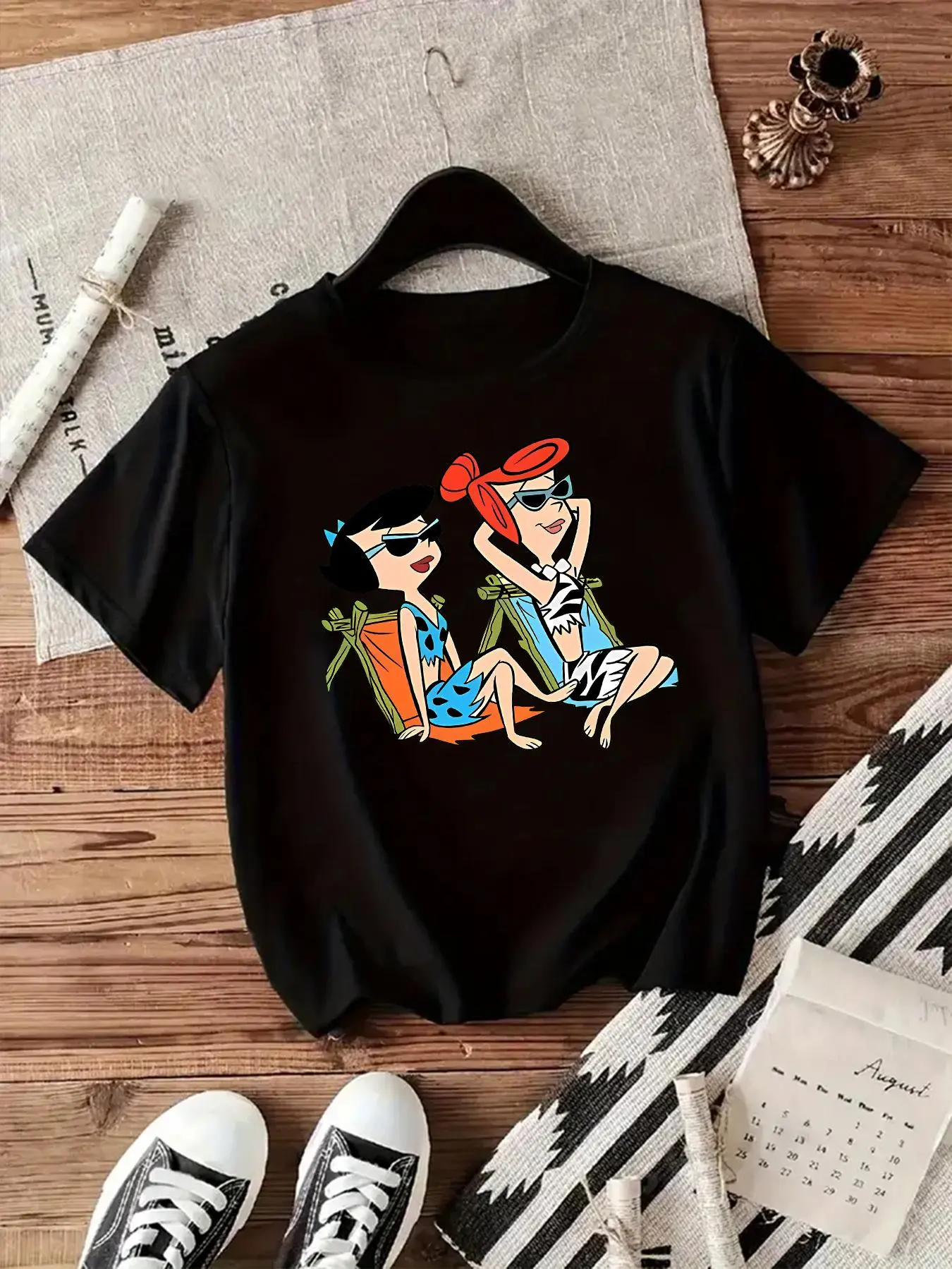 Women's Cartoon Character Graphic T-Shirt - Flintstones "Sunbathing" Wilma & Betty Print, Casual Round Neck Top, Cartoon Character Graphic Women's T-Shirts