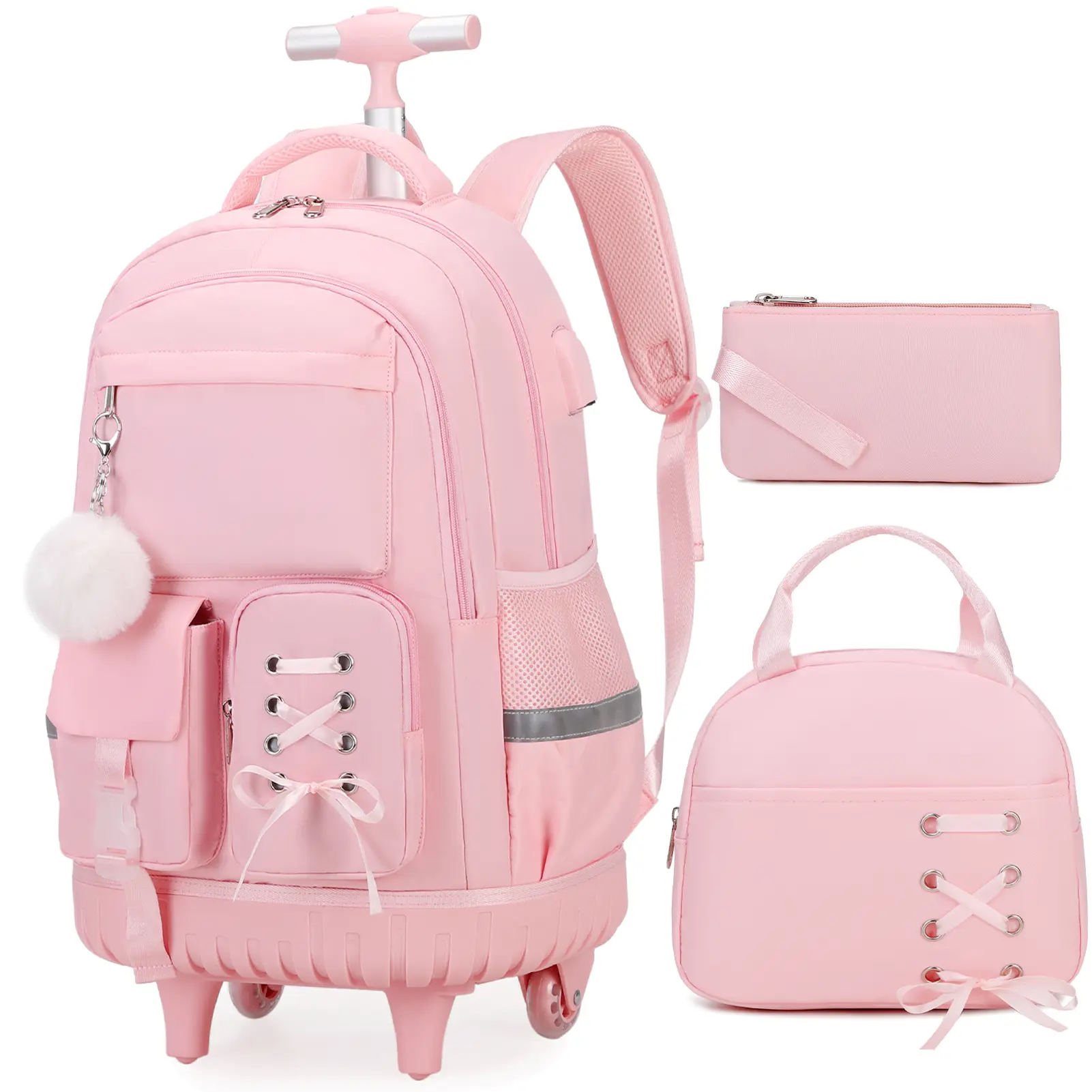 Similove Rolling Travel Backpack for Girls, Roller Backpack Luggage with Wheels, Cute Bow Wheeled School Bookbag Set with Lunch Bag & Pen Case, Suitcases for Kids Teens Elementary Middle Student  Smooth Organiser