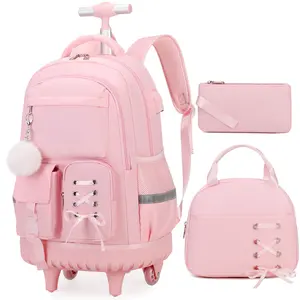 Similove Rolling Travel Backpack for Girls, Roller Backpack Luggage with Wheels, Cute Bow Wheeled School Bookbag Set with Lunch Bag & Pen Case, Suitcases for Kids Teens Elementary Middle Student  Smooth Organiser