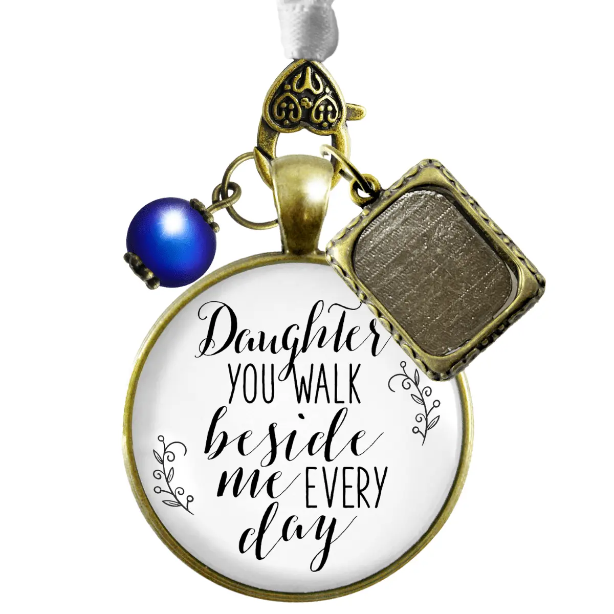 Daughter You Walk Beside Me Every Day Memorial Bouquet Charm Bronze White Glass Blue Pearl