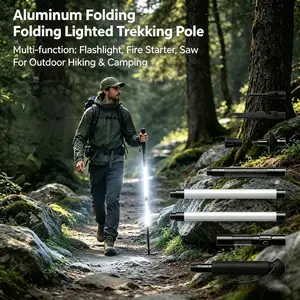 Aluminum Alloy Folding Lighted Hiking Stick - Built-in Flashlight, Fire Starter, Saw Tool, Rechargeable Lamp, Lightweight Telescoping Design for Easy Storage, Ideal for Trail Hiking & Light Outdoor Activities, Built-In Flashlight Hiking Sticks