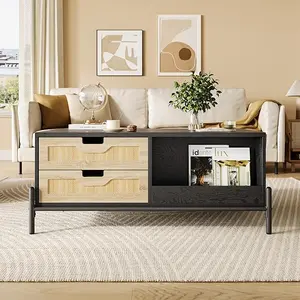 Boho Coffee Table with Led Lights Rattan Modern Coffee Table with 4 Storage Drawers, Wood Farmhouse Coffee Table for Living Room, Apartment