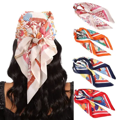 AWAYTR Women's 4-Pack Silk-Like Breathable Shiny Polyester Scarves - 70x70 cm (27.5in) Large Square Scarf for Women, Hair Bandana, Beach Accessory, Neck Kerchief, Fashion Shawl Wrap