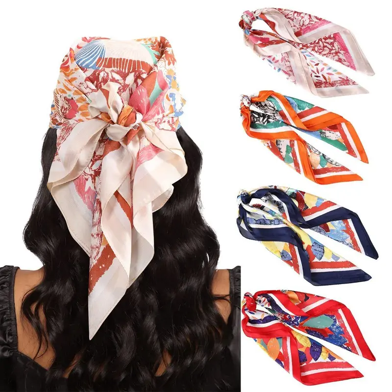 AWAYTR Women's 4-Pack Silk-Like Breathable Shiny Polyester Scarves - 70x70 cm (27.5in) Large Square Scarf for Women, Hair Bandana, Beach Accessory, Neck Kerchief, Fashion Shawl Wrap