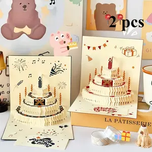 2pcs,A Three-Dimensional Birthday Card Featuring a Cake Candle Design, Vibrant Colors, And a Cheerful Birthday Message, Perfect for Party Gifts