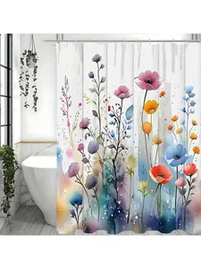 1pc Vibrant Flower Shower Curtain - Durable Waterproof Design with Hooks, Instantly Enhances Spring Bathroom Aesthetics - Premium Home Decor Accessories, Installation, Polyester