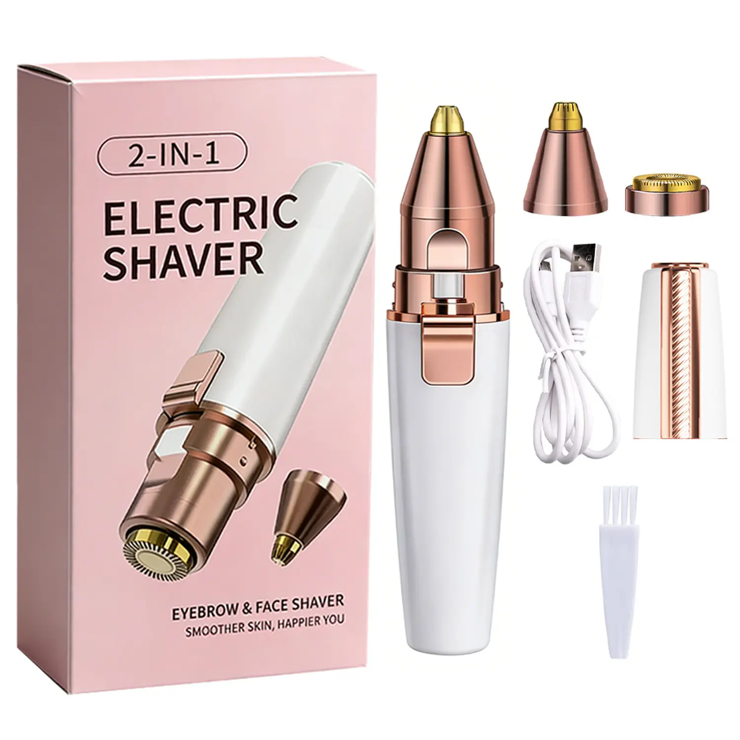 2-in-1 Cordless Facial Shaver for Women, Painless Hair Remover with LED Light for Gentle Care on Upper Lip & Chin, Wet & Dry Use for Easy Cleaning