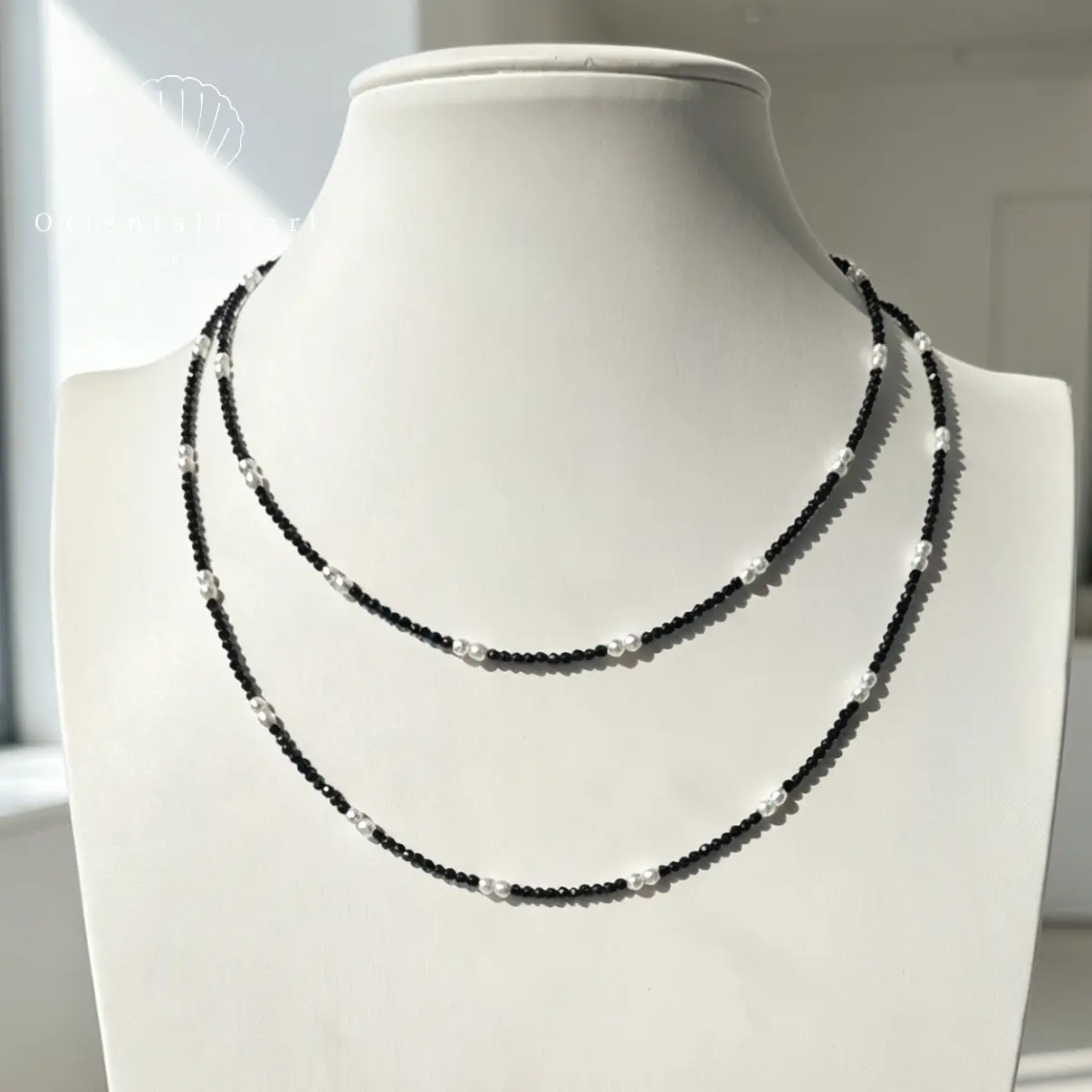 NC66-Black Spinel with Baby Pearl Necklace Long Sweater Chain Chic Design for Spring Summer Long Necklace for Sweater Layering Necklace