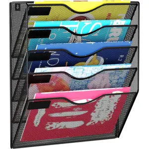 5 Pockets Hanging Wall File Organizer Mail Holder Wall Mounted Paper Document Folder Holder Clipboard Storage Organization Magazine Rack Black