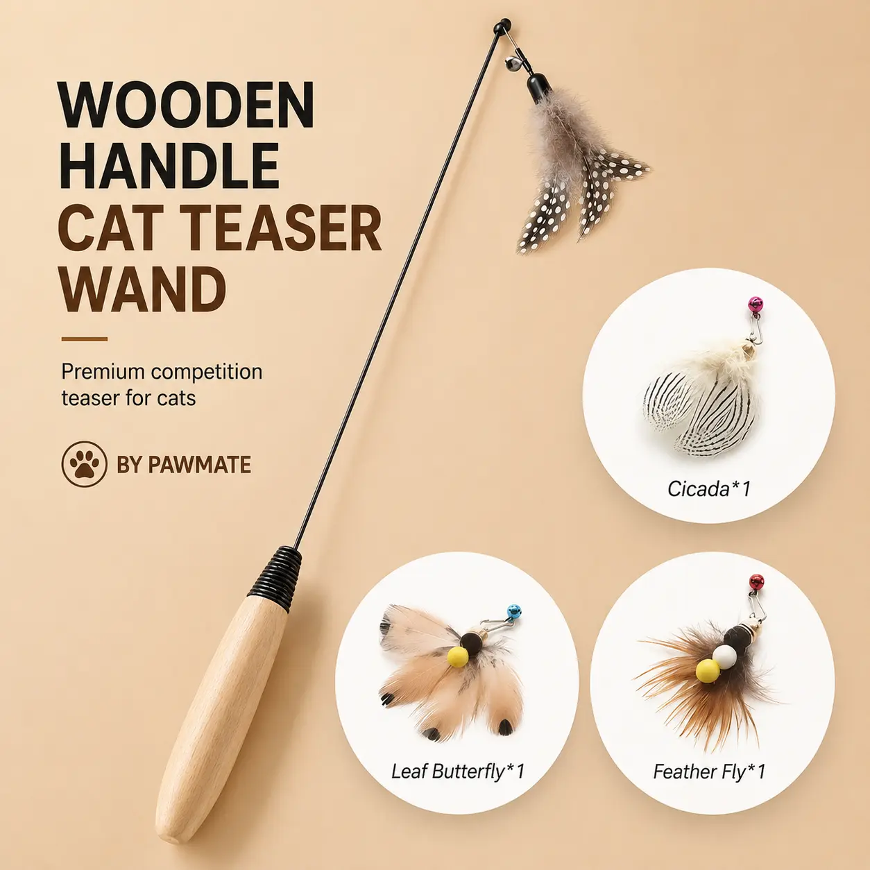[4 Feather Teasers] Premium Feather Cat Teaser Wand Toy Handheld with Flexible Spring and Bell, for Entertainment, Enrichment and Play Time for Indoor Cats & Kittens, Interactive & Durable