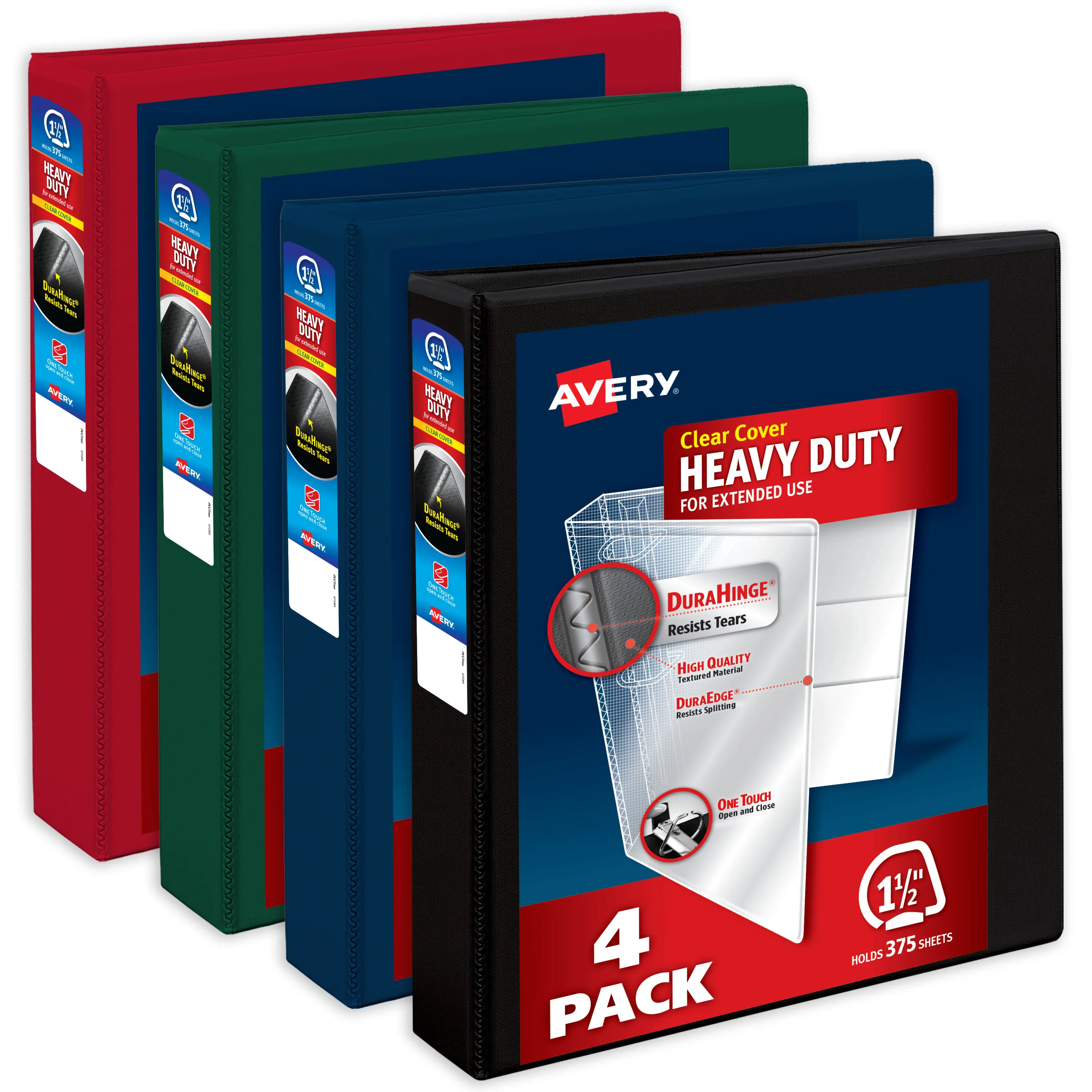 Avery Heavy-Duty View 3-Ring Binders, 1.5 in 1-Touch Slant Rings, 375-Sheet Capacity, DuraHinge, 2.1 in Wide Spine, Customizable Transparent Cover & Spine, Assorted Dark Colors (4-Pack, Model 79635)