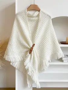 Elegant Solid Color Fringe Knit Shawl for Women, Autumn Winter Warm Versatile Outerwear, Casual Fitted Plain Design, Trendy Solid Shawl