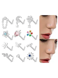 12Pcs Nose Ring Nose Stud L Shaped Snake Butterfly CZ Flower Moon Dangle Nose Rings Stud for Women Men Silver Gold Tone 20G Valentine's Day gift