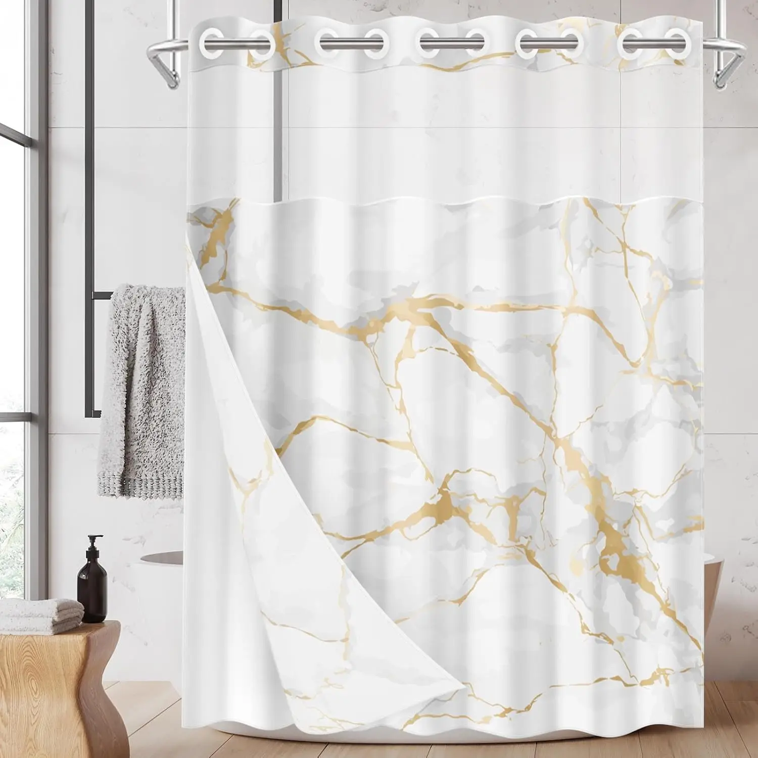 No Hook White Marble Golden Shower Curtain with Snap in Fabric Liner Set, Geometric Luxury Double Layers  Fabric with See Through Top Window Open Grommet Bath Curtain 71x74 Inch