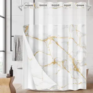 No Hook White Marble Golden Shower Curtain with Snap in Fabric Liner Set, Geometric Luxury Double Layers  Fabric with See Through Top Window Open Grommet Bath Curtain 71x74 Inch
