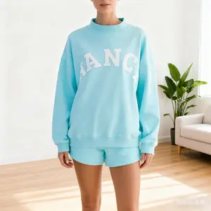 Women's Sweat Set Loose Fit Casual Stylish Letter Embroidered Long Sleeve Sweatshirt and Wide Leg Shorts 2 Pcs Set