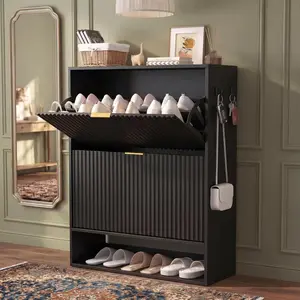 Shoe Cabinet for Entryway, Fluted Slim Freestanding Shoe Storage with 2 Flip Drawers, Bottom Open Shelf & Side Hooks, Narrow Shoe Organizer for Foyer or Hallway