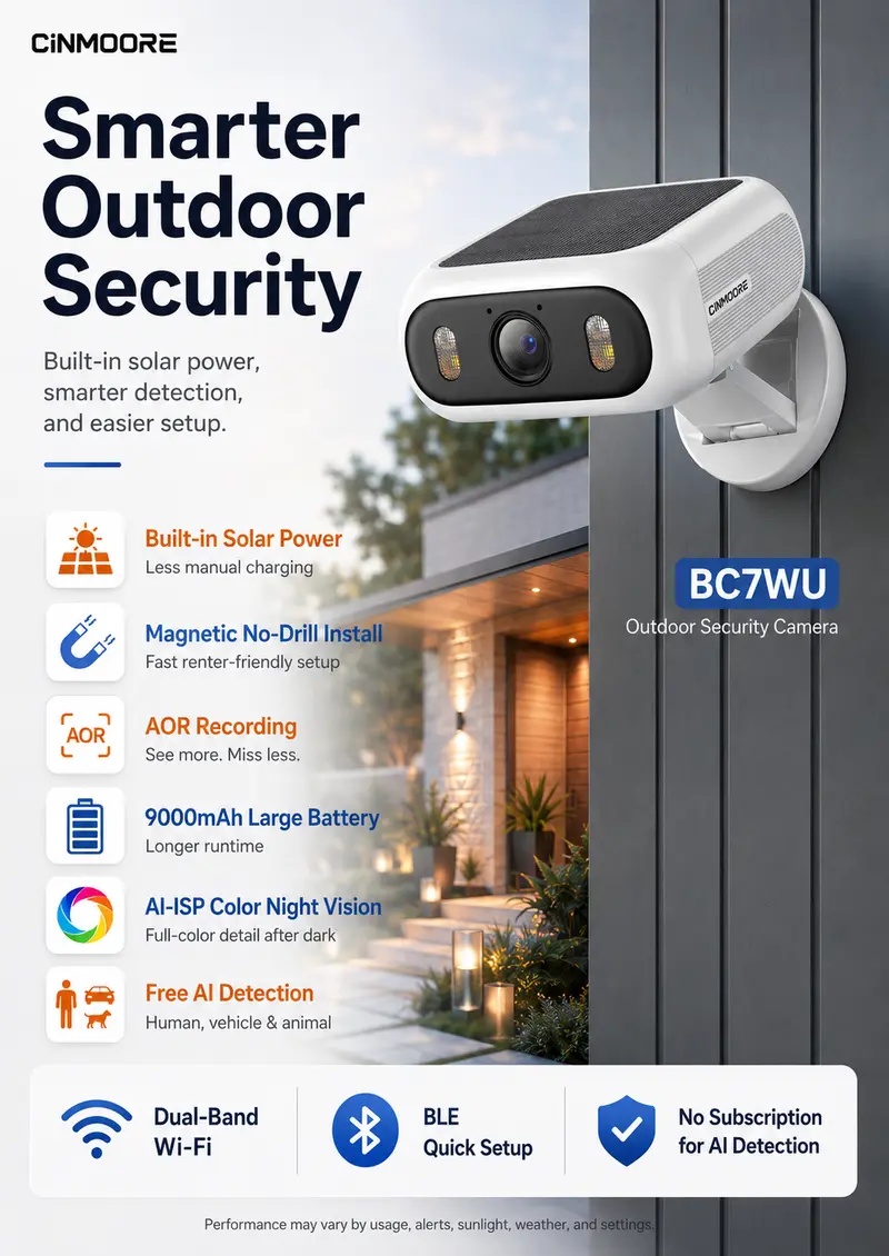 CINMOORE Outdoor Wireless Solar Security Camera, No-Drill Magnetic Design, Built-in Solar Panel & Light, 9000mAh Battery, AOR Recording, Free AI Detection (Human/Vehicle/Animal), Color Night Vision, Dual-Band WiFi, Micro SD Compatible, Supplier Warr.