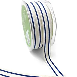 Cotton Woven Stripe Ribbon - Navy | 5/8" Width | 30 Yard Roll