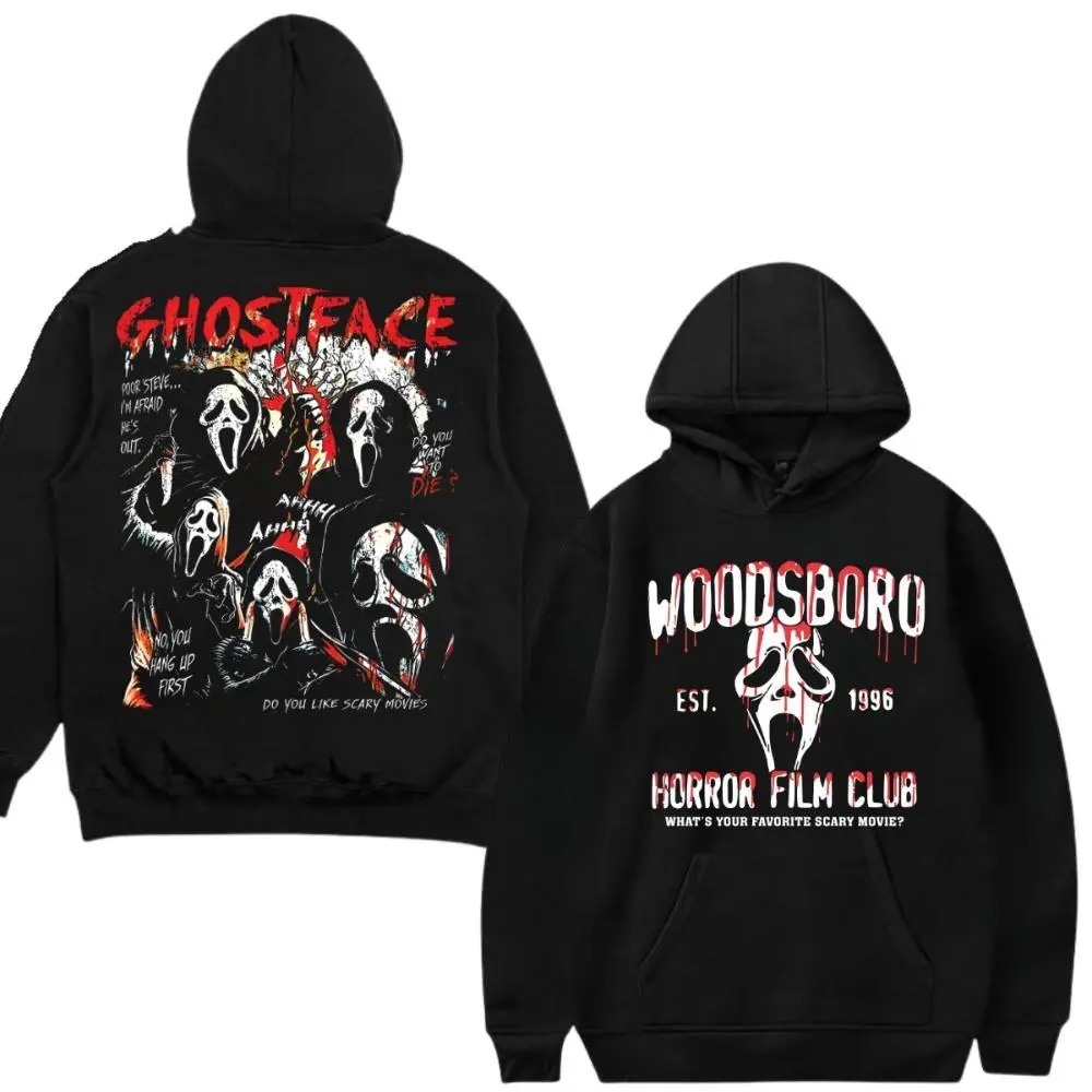 Menswear Ghostface Graphic Print Hoodie, Classic Fit Horror Movie Tops in Soft Cotton Fabric for Unisex Sport and Casual Wear, Fitted, Novelty