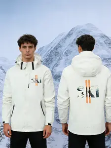 Men's Detachable Hat Jacket Coat Ski Jacket with Graphic Print, Lightweight Windproof Ski Outerwear, Full Zip Hooded Design, Spring & Fall Casual Style