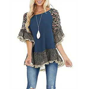 [Leopard Floral Blouse] Leopard Floral Printed Half Sleeve Blouse - Casual Loose Fit Round Neck Tops for Women Fabric Lace
