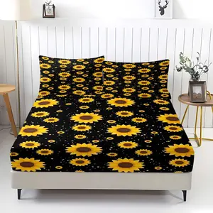 3Pcs Sunny Floral Fitted Sheet Set, Bright Yellow Sunflower and Dots Design on Black Background Bedding Set,for a Vibrant Bedroom Makeover, Perfect for Brightening Up Your Sleep Space,Includes 2 pillowcases (pillow inserts not included).