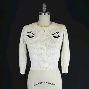 Embroidered Bat Sweater Cardigan - Ivory Pin Up Vintage Inspired Button Up Sweater