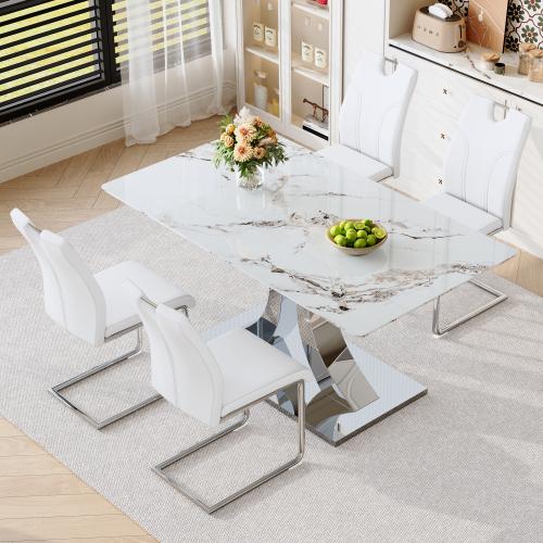 Bellemave  Marble patterned tempered glass dining chair set (gold decoration): 63 inch dining table+4 modern minimalist style dining chairs