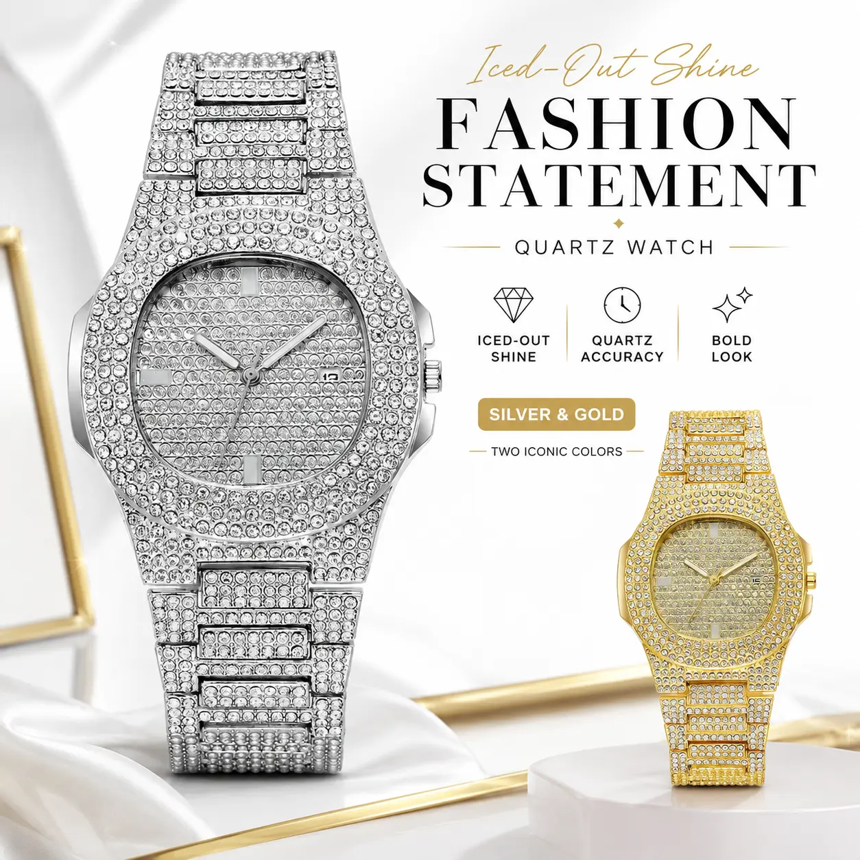 Unisex Iced-Out Rhinestone Quartz Watch for Men & Women, Silver Gold Bling Bracelet Watch with Date Display, Fashion Statement Watch Gift for Him Her