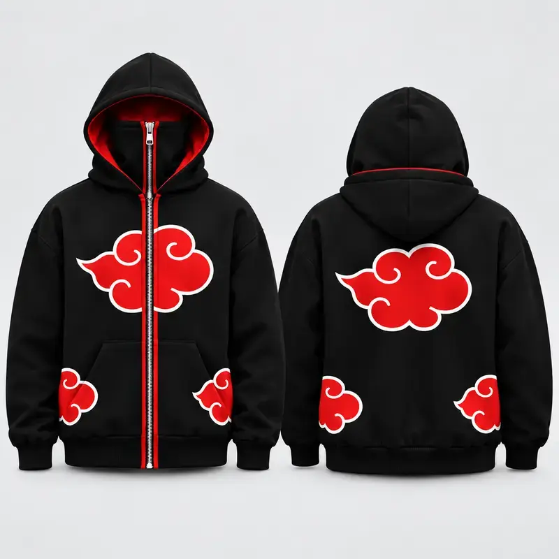 Akatsuki Mens Full-Zip Ninja Balaclava Hoodie, Built-In Shinobi Face Mask Jacket, Crimson Cloud All-Over Print Hooded Sweatshirt, Anime Outlaw Gift