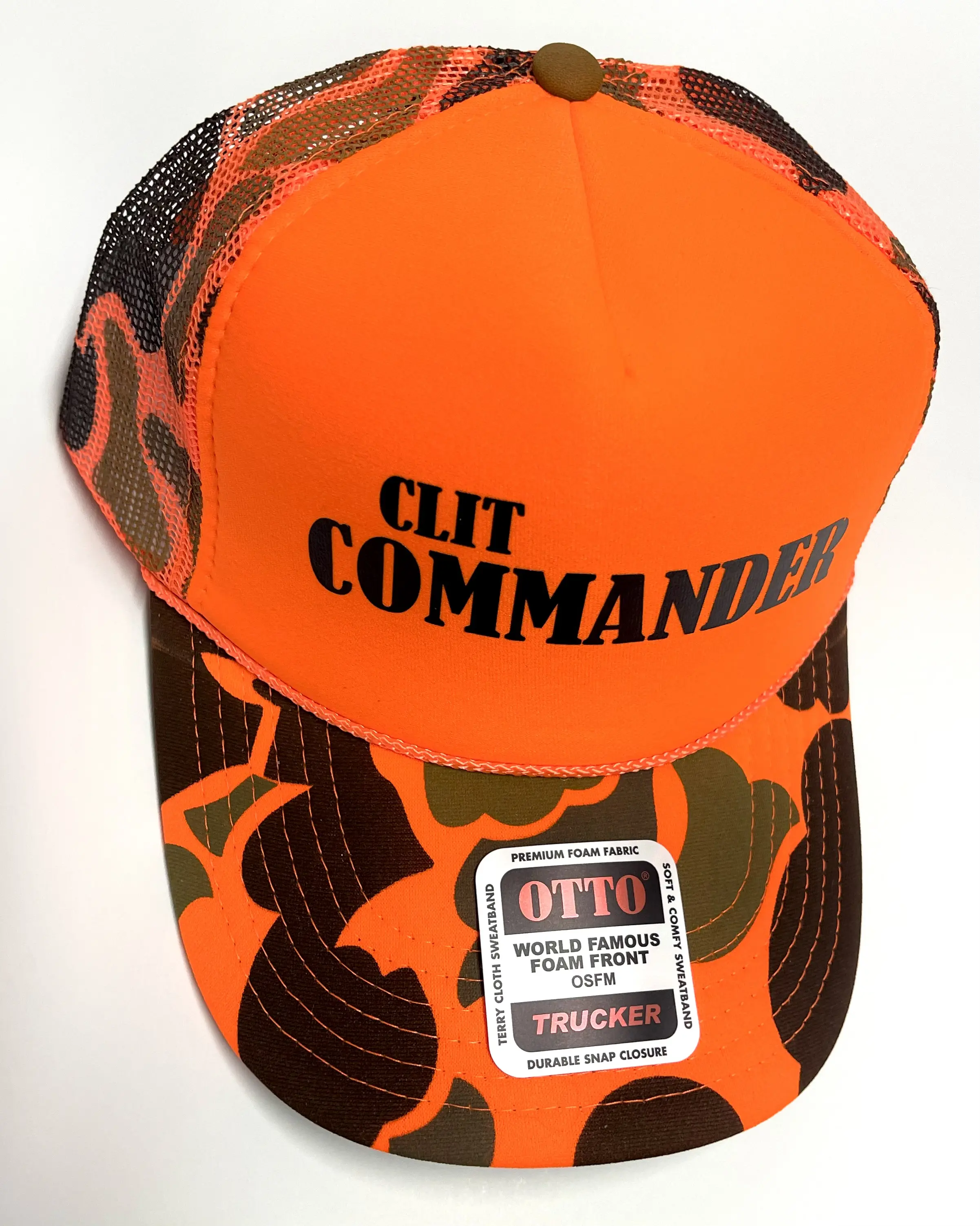 Otto Clit Commander Funny Hat - World Famous Foam Front Trucker Cap with Pink, Orange and Camo Design Snap Back Handmade Quality Fun OSFM
