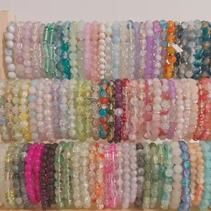 12/24/48pcs Mix Color 8mm Colorful Glass Crackle Bead Mix Handmade String Bracelet Set For Women Men, Ideal for Daily Wear, Gift for Friends
