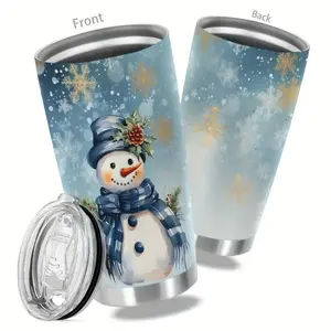 20oz Christmas Cup Stainless Steel Tumbler - Snowman Print - Double Wall Vacuum Insulated Travel Mug - Flasks, Drinkware
