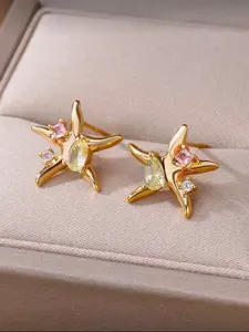 Siren Starfish Stud Earrings with Pink and Yellow Cubic Zirconia Stones | Real Gold-Plated Studs for Summer Women Fashion Jewelry