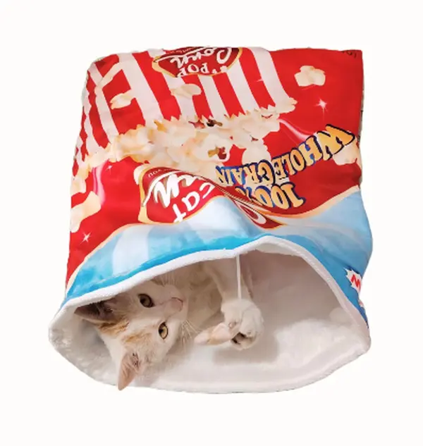 Cat Tunnel Bag with Snack Cartoon Pattern, Adjustable Closure and Tear Resistant Feature, Small Cotton Flannel Indoor Sleeping Bag for Cats with Potato Chip Toy and Polyester Fiber Fill Material, Machine Washable