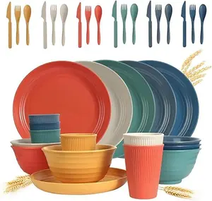36 Piece Unbreakable Dinnerware Sets, Reusable Wheat Straw Plates and Bowls Sets, Travel Camping Cutlery Set, Dishwasher Microwave Safe Dinnerware