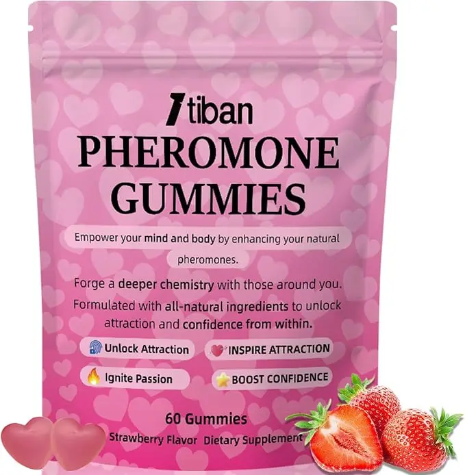 Pheromone Gummies for her, Women Slippery Elm, Enhance Charm, Supports Balance, Confidence & Social Vibe, Vegan, Non-GMO, Gluten-Free, Strawberry Flavor, 60 Gummies