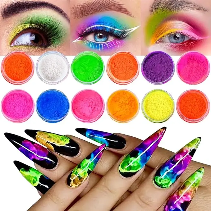 Neon Pigment Powder Set, 12 Fluorescent Rainbow for Nail Art, Glow Acrylic Powder, 3D Nail Design, Halloween Makeup, Festival Face & Body Paint