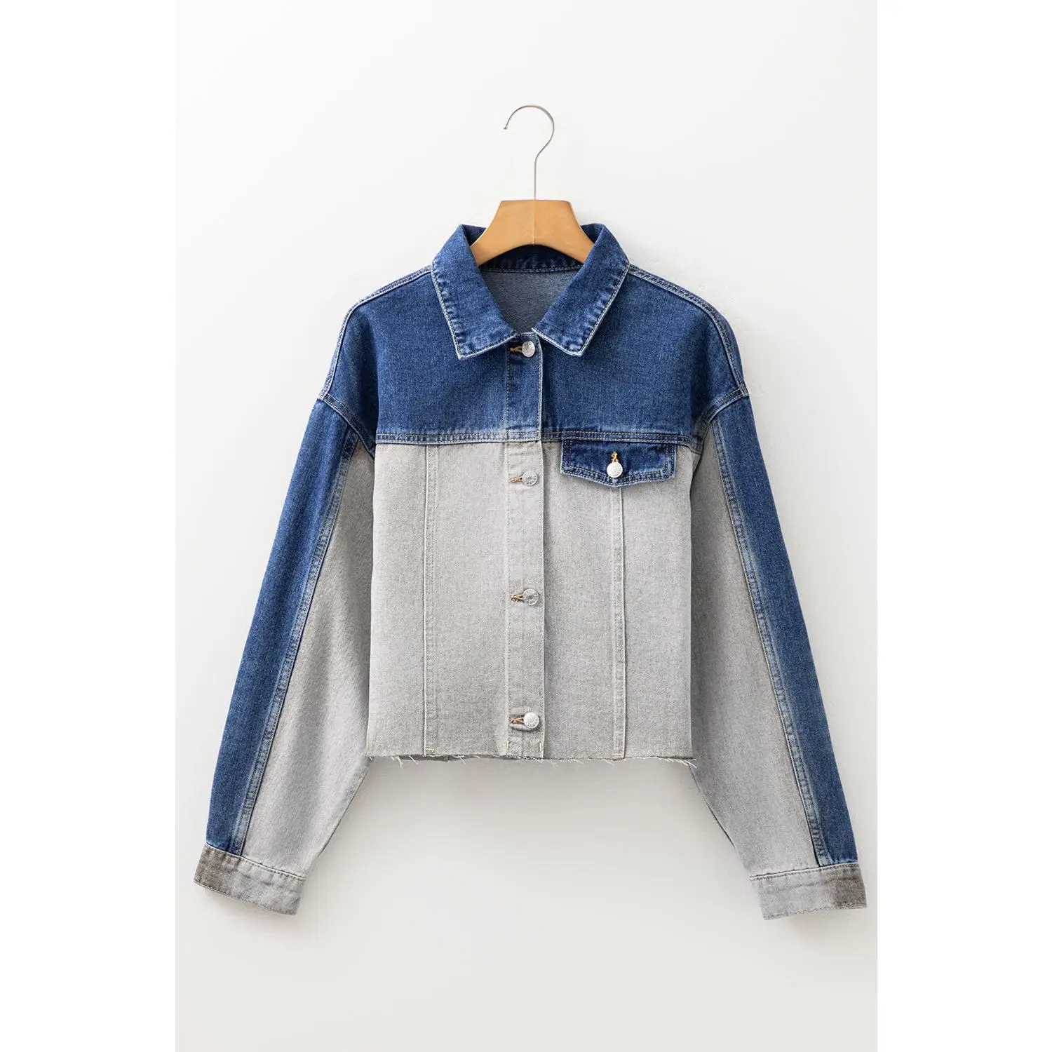 Dusk Blue Color Block Patchwork Flap Detail Distress Denim Jacket