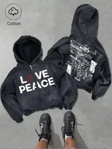 Men's Hooded Zipper Sweatshirt, Fall & Winter Cotton Pullover, Love Peace Pattern, Casual Daily Wear, Holiday Gift Unisex, Graphic